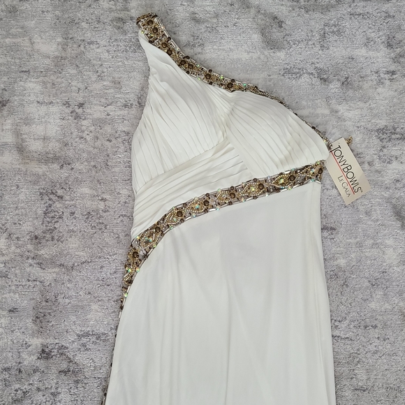 Tony Bowls White Gold Evening Prom Gown Size 10 - Picture 4 of 14